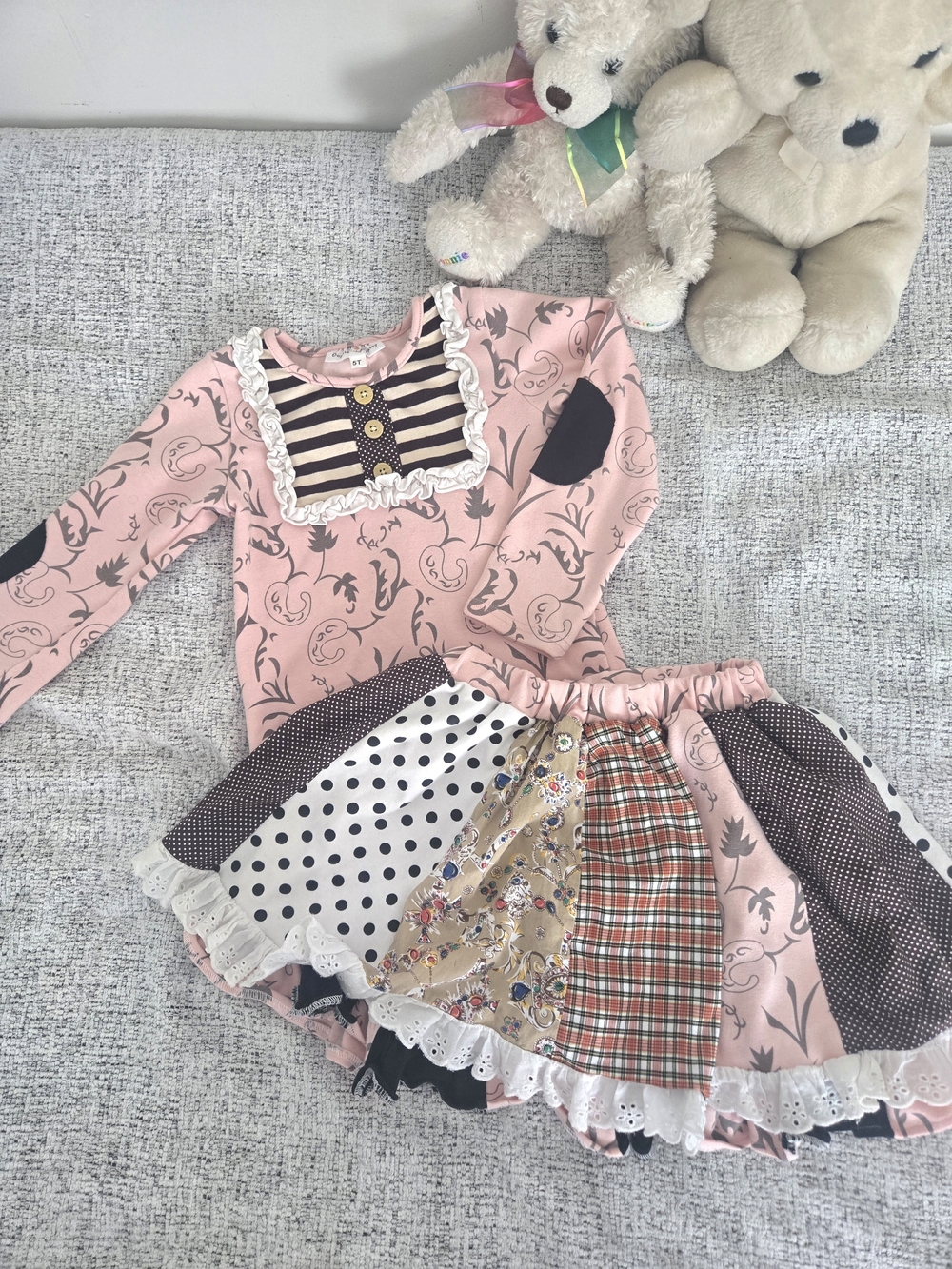 Oopsie Daisy Girls' Pink Patchwork Skirt Matching Set with Long Sleeve Top
